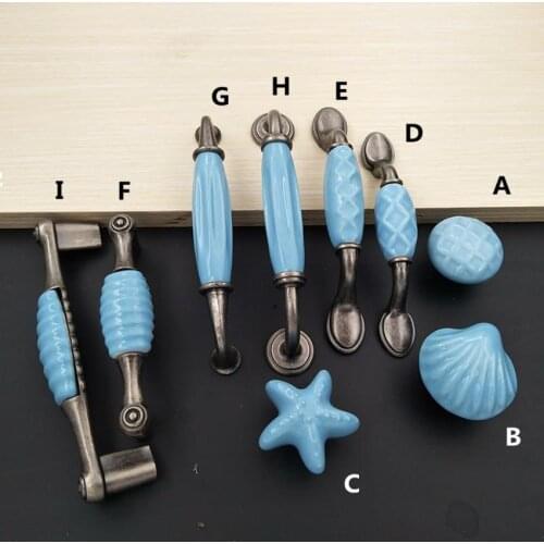 3" 5" Mediterranean ceramic handle blue European pastoral drawer single hole starfish shell handle cabinet wardrobe door handle