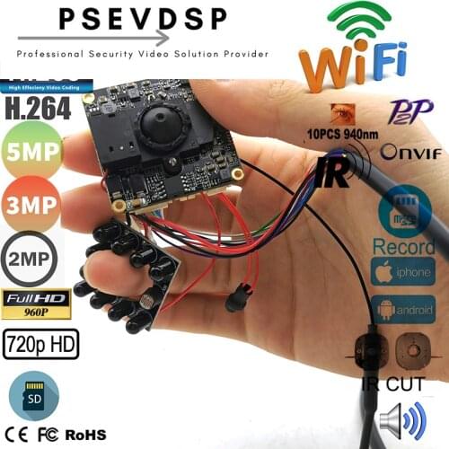 5MP Camhi WiFi H.265 H.264 Wireless CCTV IP Camera SD Card PCB Board Module Pin Hole LENS & Antenna&Audio&940nm IR Led IR-Cut