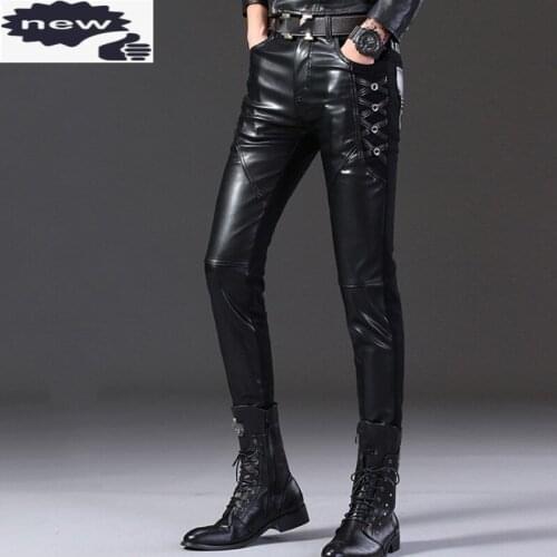 Gothic Mens Casual Pu Leather Fashion Patchwork Criss-Cross Skinny Nightclub Pencil Pants Male Punk Motorcycle Trousers