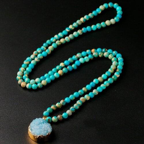 Natural Sea sediments 6MM Beads Imperial Stone With Druzy Pendent Charm Necklace For Women Men Unisex Jewelry Lovers Gift