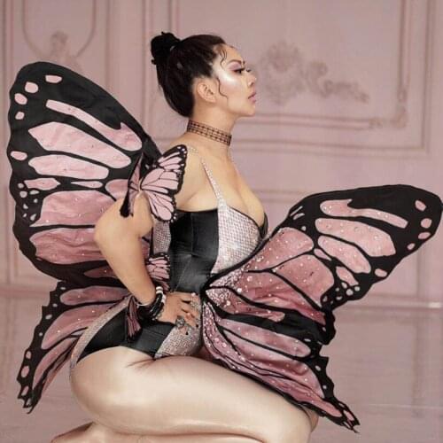 Bling Pink Butterfly Wings Rhinestones Bodysuit Dance Costume Women Party Show Performance Stage Wear