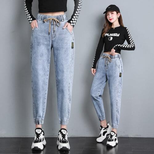 Jeans Womens Spring Autumn 2021 New Kpop Loose Thin Elastic Waist Nine-Point Harem Pant Girl High-Waist Lace-Up Pants Traf