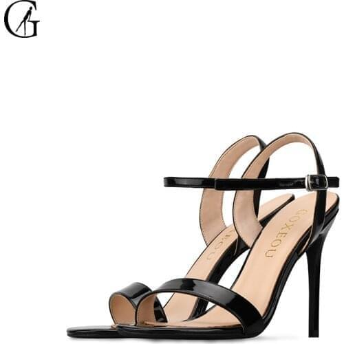 GOXEOU Womens Sandals Patent Leather Nude Black White Red Round Toe High Heels Party Sexy Fashion Office Lady Shoes Size 32-46