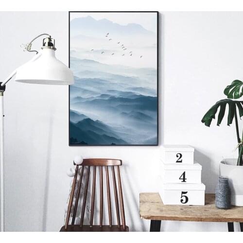 Chinese Minimalist Fog Sea Landscape Canvas Paintings Mountain Birds Poster Print Wall Art Pictures for Living Room Study Decor