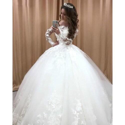 Beautiful Princess Lace Wedding Dresses Applique 3D Flowers Long Sleeve Tulle Satin Ball Gown Bridal Gowns Plus Size