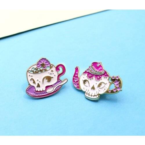 Fashion Exquisite Purple Skeleton Coffee Cup Badge Gothic Teapot Teacup Enamel Brooch Charm Lapel Backpack Jewelry Gift