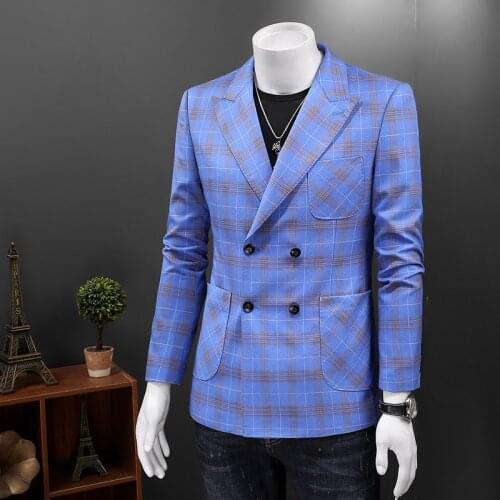 Stylish Double Breasted Blazer Men Sky Blue Plaid Blazers For Men Casual Checkered Terno Masculino Slim Fit 5XL Big Size Q210