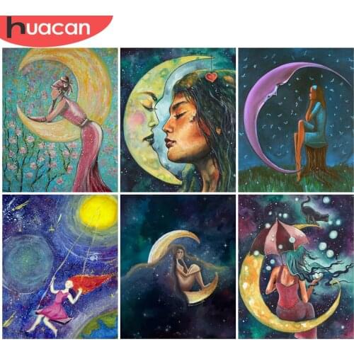 HUACAN 5D DIY Paint By Numbers Moon Acrylic Unique Gift Wall Art Picture By Number Girl Women Figure For Living Room
