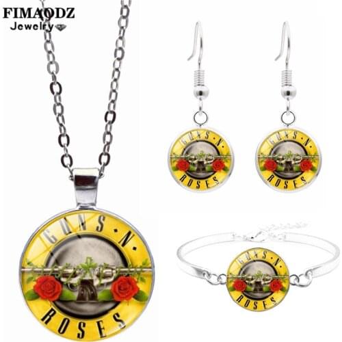 FIMAODZ Guns n Roses Jewelry Sets Punk Skull Music Band Art Picture Glass Crystal Earring Bracelet Necklace Set Gift