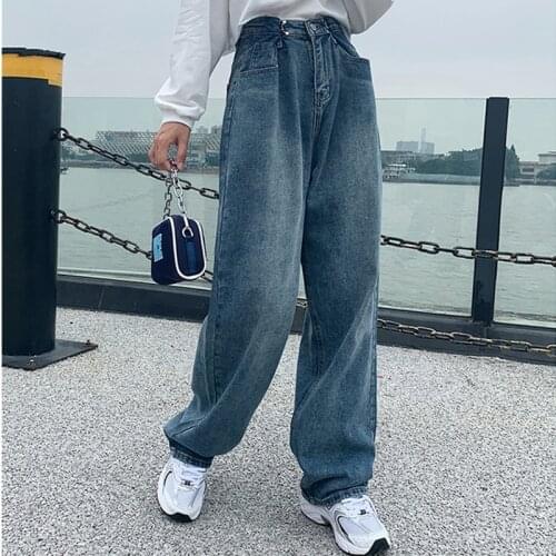 Autumn 2021 New Vintage Wide Leg Womens Jeans Pants Button Streetwear High Waist Denim Trousers Blue Loose Pants Female