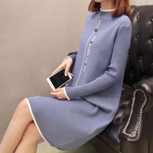 Plus Size 2020 Autumn Winter Women Korean Style Print Letter Sweater Dress O-neck Office Lady Fashion Knitted Straight Dresses