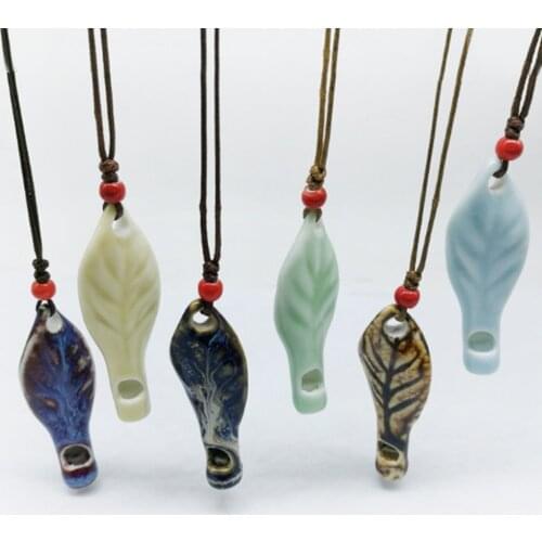 Handmade ceramic Leaves Whistle bead Sweater chain pendant necklace N264