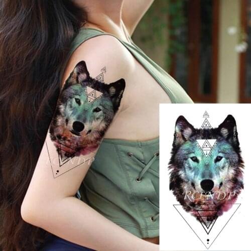 Waterproof Temporary Tattoo Sticker Wolf Large Animal Triangle Dot Design Fake Tatoo Flash Tatto Arm Leg Body Art for Women Men
