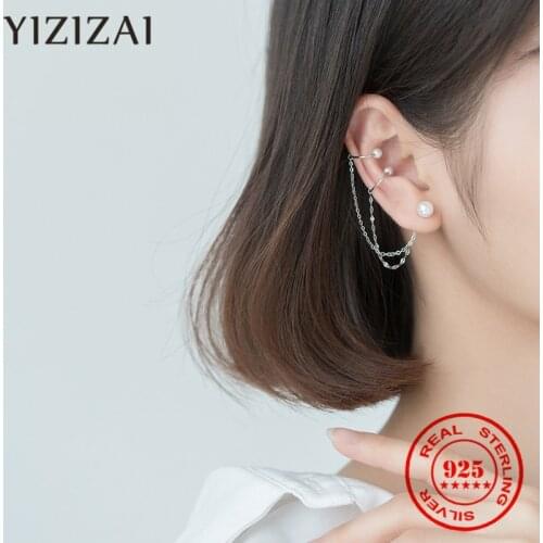 YIZIZAI 925 Sterling Silver European Simple Pearl Tassel Earrings Women Chain Ear Bone Clip One Set Sweet Creative Party Jewelry