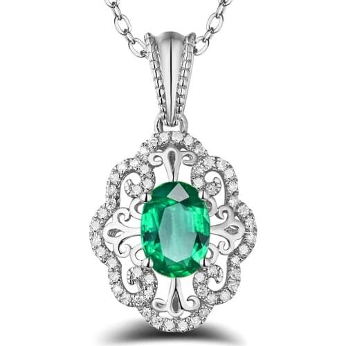 Vintage carving crystal emerald gemstones diamonds pendant necklaces for women white gold silver color chain jewelry bijoux gift