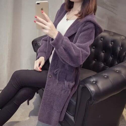 Women 2021 Autumn Winter New Hooded Cardigan Overcoats Female Long Loose Sweater Jackets Ladies Imitation Mink Velvet Coats M332