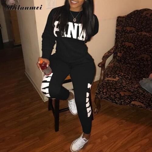Pink Letter Print Women Two Piecce Set Women Tracksuit Plus Size Long Sleeve Top And Skinny Pants Suits Casual Sporty Outfits