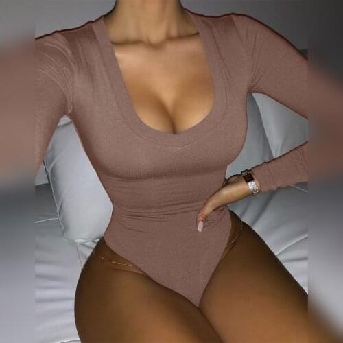 V Neck 2021 Women Body Solid Bodycon Skinny Brown Plain Stylish Soft Low Cut Slim Homewear Basic Bodysuit Lady Elegant