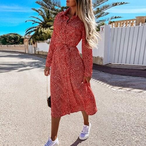 Women Elegant Polka Dot Party Dress 2021 Spring Turn-down Collar Button Shirt Dress Lady Casual Long Sleeve A-Line Dresses Belt