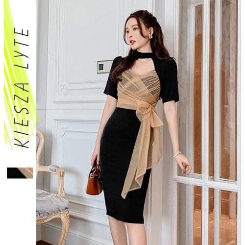 Women Dress 2021 New Choker Neck Hollow Mesh Splice Lace Up Office Lady Dresses Female