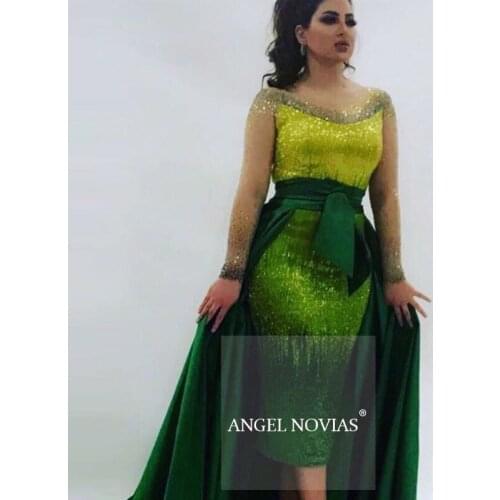 ANGEL NOVIAS Long Sleeves Green Luxury Beading Evening Dress 2020 Arabic Dubai Formal Evening Gowns with Detachable Skirt