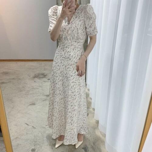 2021 Summer New Korean One-Piece Chic Office Lady Long Dress Elegant V-Neck Puff Sleeve Floral Print Chiffon Dress Female Robe