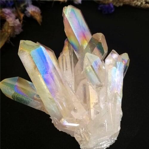 1 pc 80-250g Natural White Angel Aura crystal cluster Electroplating Titanium coating quartz cluster stone Healing