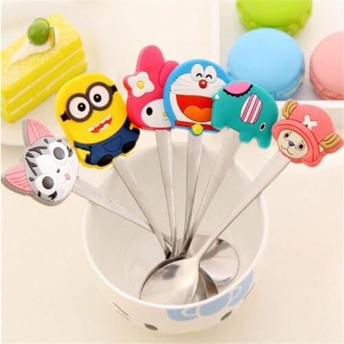 1pcs Random Cartoon Silicone Handle Stainless Steel Spoon For Baby Boys Girls Fashion Cute Animals Spoon