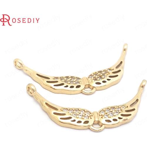 39560)6PCS 13x30MM 24K Gold Color Brass and Zircon Curve Shape Wings Charms Pendants Jewelry Making Supplies Diy Accessories