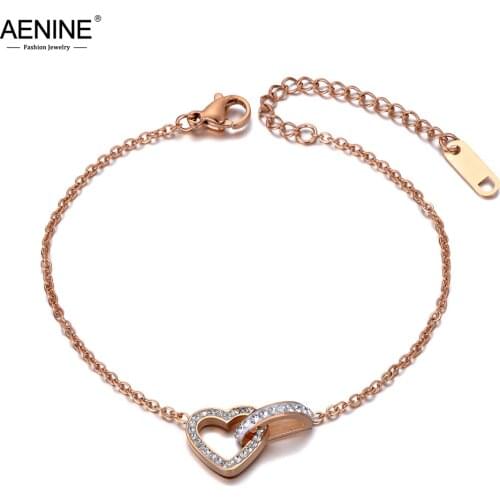AENINE New Stainless Steel Love Heart CZ Crystal Charm Bracelets For Women Girls Bohemia Chain & Link Bracelet Jewelry AB19143