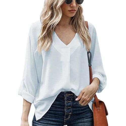 Plus Size Autumn Office Shirt Women Elegant Solid Color Blouse V Neck 3/4 Sleeve Pleated Split Hem Casual Shirts Streetwear