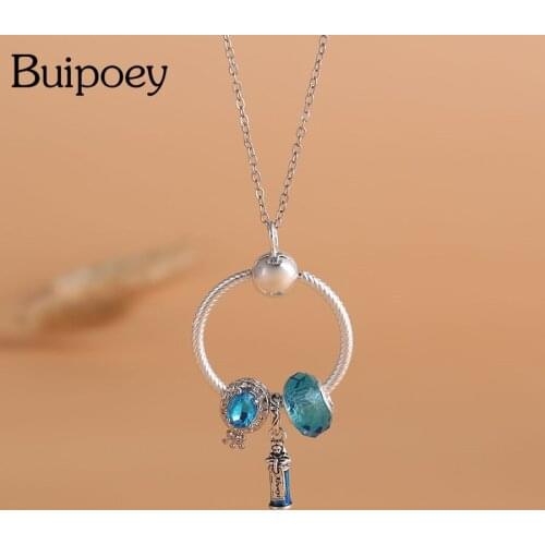 Buipoey Bohemia Cyan-blue Crystal Beads Pendant Necklace Crown O Beads Princess Charm Necklace For Women Original Girls Jewelry