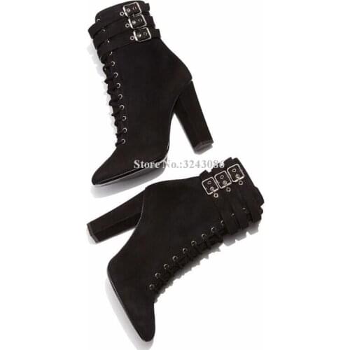 Women Black Suede Lace-up Chunky Heel Ankle Boots Sexy Cross-tied Ankle Buckle Short Boots Lady Fashion Party Shoes Dropship