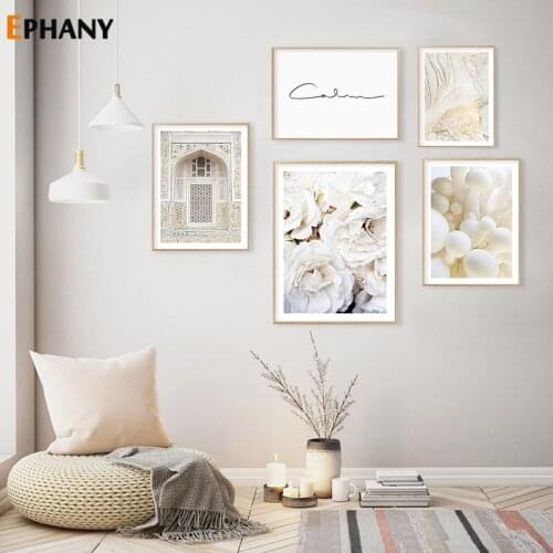 Elegant White Rose Canvas Posters and Prints Islamic Architecture Calm Calligraphy Picture White Mushrooms Wall Art Home Decor