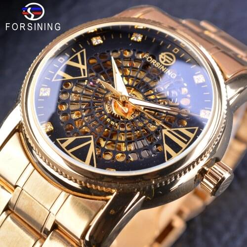 Forsining Fashion Golden Skeleton Diamond Display Men Creative Wristwatch Top Brand Luxury Openwork Mechanical Watch Male Clock