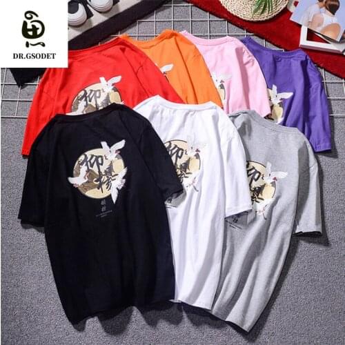 GSODET Summer T-Shirt Couple Cotton Chinese Fashion Brand Mens and Womens Retro Crane Print Half-Sleeve Loose Tops