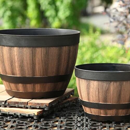 Resin Whiskey Barrel Flower Pot Round Planter Vintage Style Indoor Outdoor Garden Yard Patio TS2 Garden Supplies
