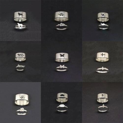 Animal Snake Wolf Couple Ring for Women Men Airplane Butterfly Dinosaur Fox Moon Lightning Lotus Om Cross Rings Silver Set Gift