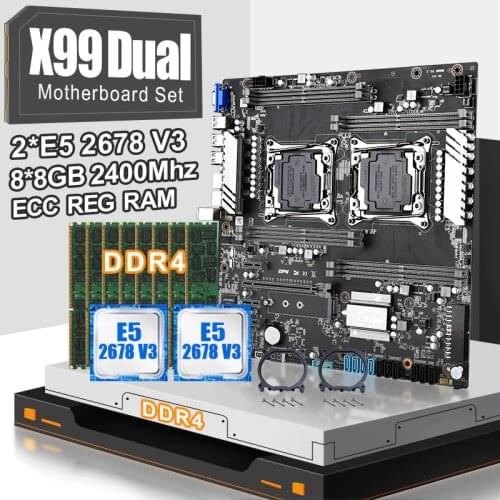 JINGSHA X99 dual CPU motherboard set with 2pcs XEON E5 2678V3 CPU and 8*8gb ddr4 ecc reg 2400mhz RAM