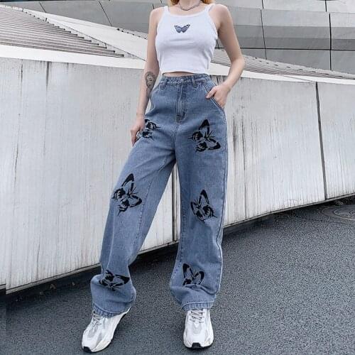 Sweet Fashion Butterfly Print Denim Wide Leg Pants Women High Waist Baggy Casual Straight Trousers Street Harajuku Sport Pants