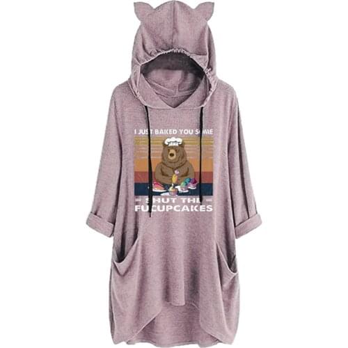 Cute Cat Ear Hoodie Women Oversized Fleece Long Sleeve Sweatshirts Casual Cartoon Print Blouse Winter With Pocket Crew Neck Tops