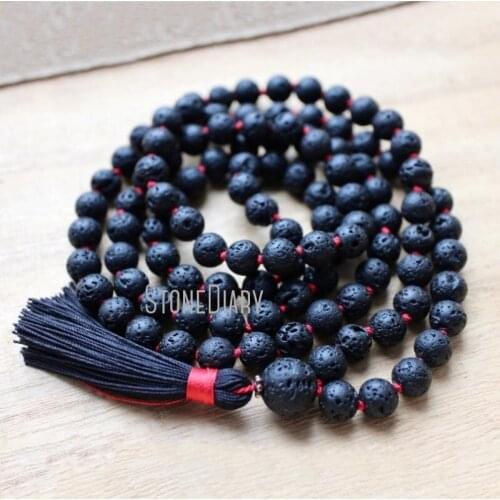 MN36773 Lava Stone 108 Mala Necklace Knotted Mala Tassel Necklace Yoga Jewelry Meditation Beads Spiritual Boho Jewelry