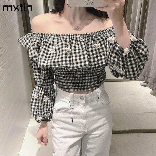 MXTIN 2021 Women Spring Vintage Plaid Ruffles Cropped Blouses Fashion Slash Neck Long Sleeve Female Shirts Blusas Casual Tops