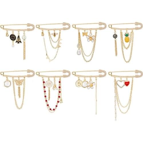 Origin Summer Exquisite Pineapple Butterfly Flowers Brooch for Women Long Chain Tassel Heart Pearl Paper Clip Brooch Jewelry