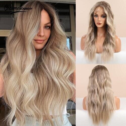 CharmSource Long Brown Ombre Blonde Hair Body Wavy Front Lace Wigs Synthetic for White Black Women Daily Use Wig High Density