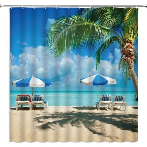 Beach Coconut Tree Shower Curtains Ocean Seaside Scenery Recliner Summer Outdoor Vacation Bathroom Cloth Hanging Curtain Set