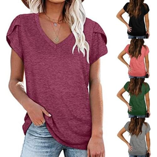 Casual Summer Women T-shirt V Neck Solid Color Short Sleeve Loose Blouse T-shirt Harajuku Plus Size Top Ladies Women Clothings