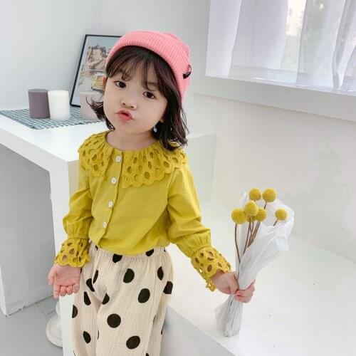 Girls Long Sleeves Shirts Korean Lace Hollow Lapels Toddler Baby Blouses Cotton Fashion Kids Clothes Autumn New Arrival Girl Tee