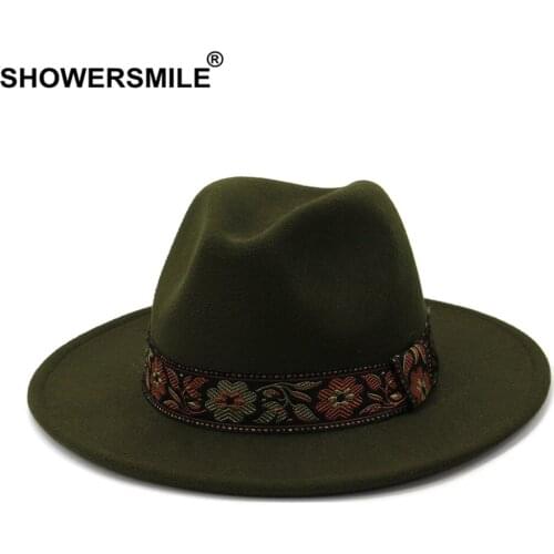 SHOWERSMILE British Women Men Wool Fedora Hat Army Green Winter Autumn Wide Brim Jazz Church Panama Sombrero Cap Vintage Trilby