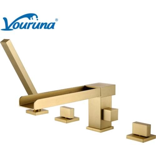 Vouruna Square Style Brushed Golden Waterfall 4 hole Bathtub Faucet Matte Black Shower Mixer Bathing Filler Tap Solid Brass